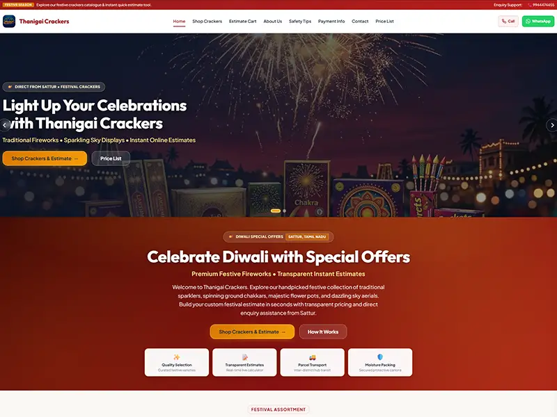 Thanigai Crackers online ordering website screenshot