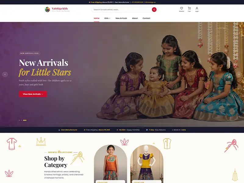 Vaishiga Kids kids ethnic wear e-commerce website screenshot