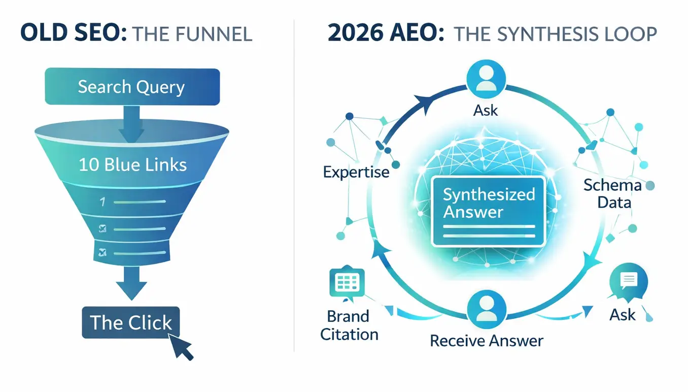 Diagram comparing Old SEO Funnel to 2026 AEO Synthesis Loop