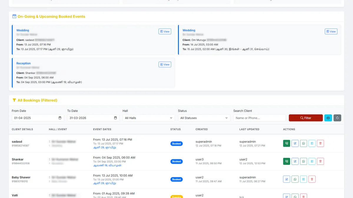 Mandapam Booking Automation & Banquet Hall CRM Software | Siva Designer